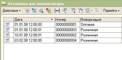 Список документов Установка цен номенклатуры